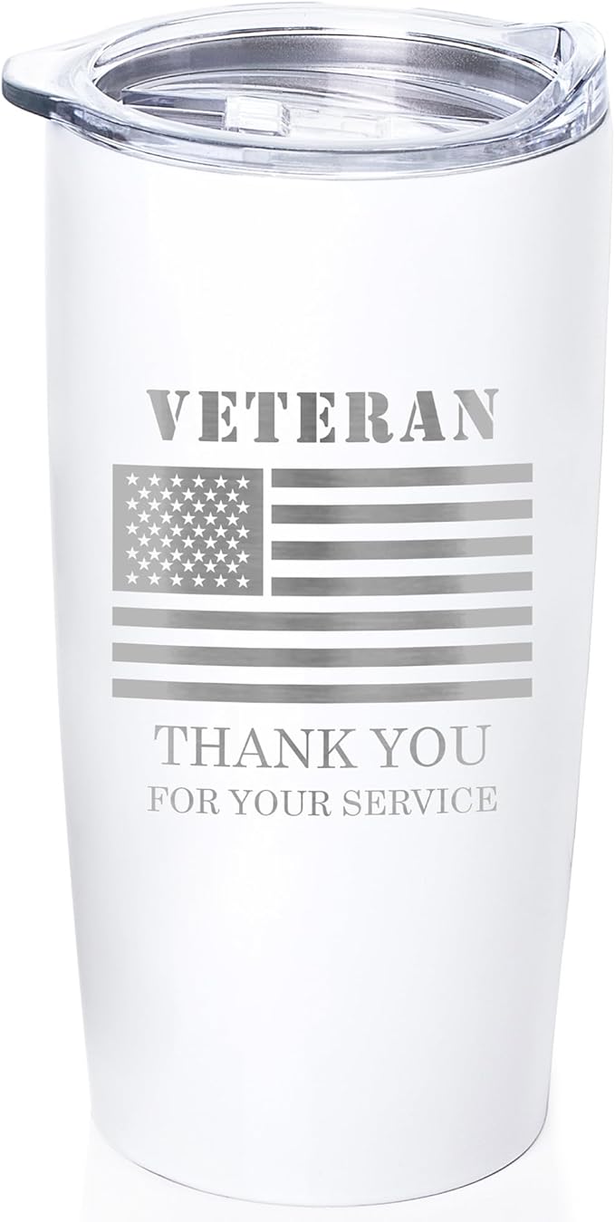 Lifetime Creations Veteran Tumbler - Engraved Veteran's Day Gifts with USA Flag for Veterans Day Event, Thank You for Your Service, Employees, Community Recognition (White, Holds 20 ounces)