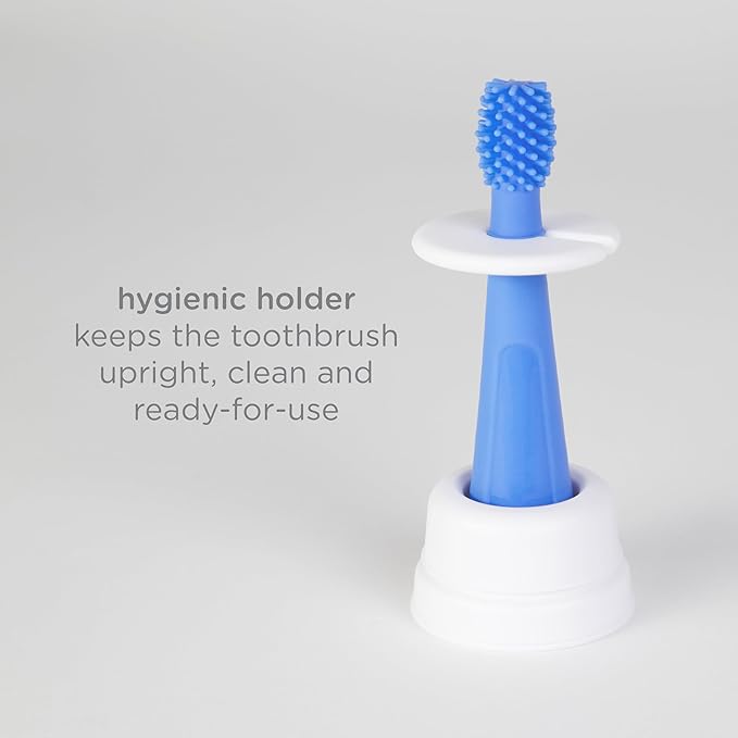 Ubbi 360° Baby Training Toothbrush with Safety Shield and Cover, Food-Grade Platinum Silicone, Gentle Cleaning for Infants, Polaris Blue