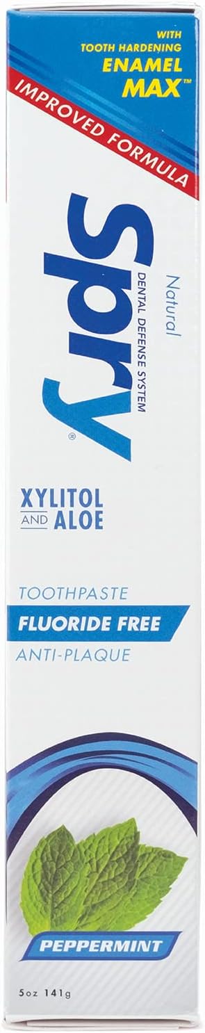 Spry Natural Xylitol Toothpaste 5oz for Adults and Kids - Fluoride Free, Gentle for Sensitive Teeth Whitening and Remineralizing, Breath Freshening, Mouth Moisturizing, Peppermint (Pack of 1)