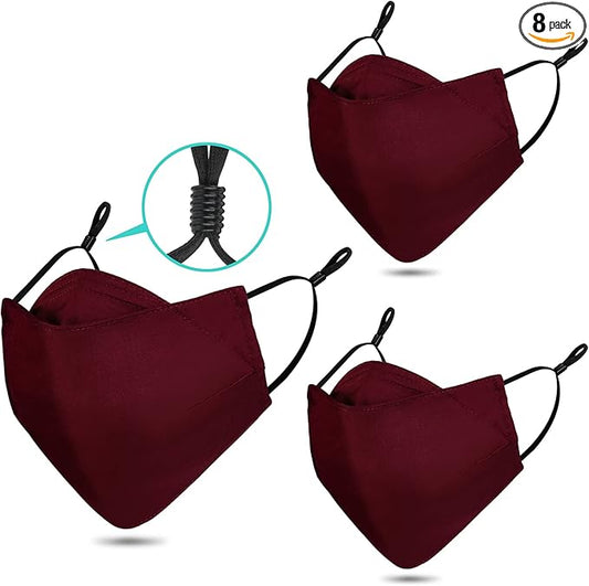 Reusable 3-Ply Cloth Face Mask Adjustable Ear Loops/Nose Wire/Filter Pocket, Washable Organic Cotton Masks Dustproof Outdoor for Women Men Adults (3 Burgundy)