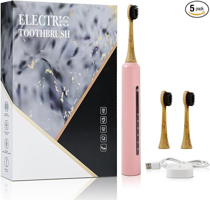 Bamboo Electric Toothbrush for Adults丨Rechargeable Electric Toothbrush with 3 Non Toxic Charcoal Infused Bamboo Brush Heads, 5 Cleaning Modes, 60 Days Battery Life, IPX7 Waterproof-White