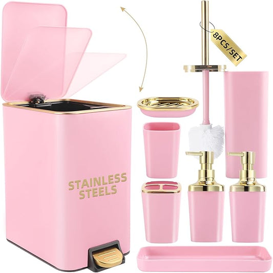 Pink Bathroom Accessories Set 8 Piece Pink and Gold Bathroom Set, Bathroom Sets with Stainless Steel Trash Can,Toilet Brush,Toothbrush Set,Soap Dispenser