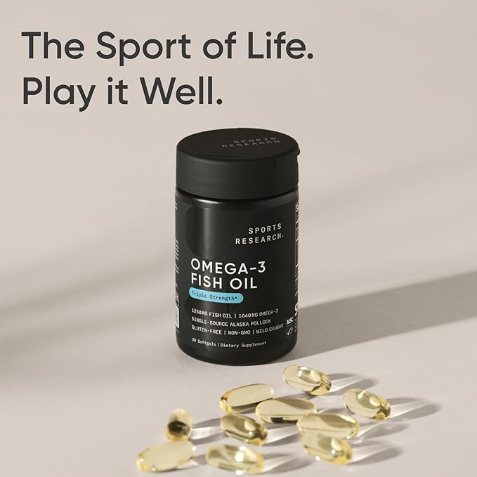 Sports Research Triple Strength Omega 3 Fish Oil 1250mg from Wild Alaska Pollock - Burpless Fish Oil Supplement with Omega3s EPA & DHA - Sustainably Sourced, Non-GMO, Gluten Free - 30 Softgels