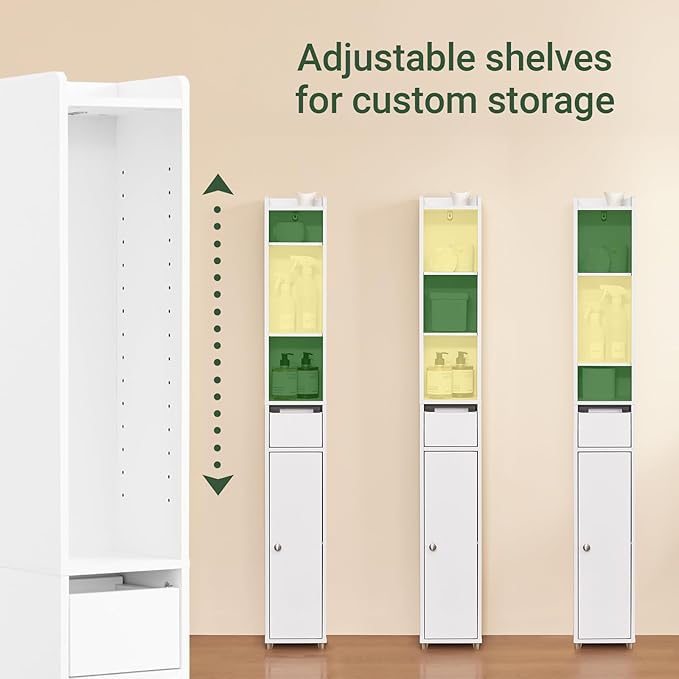 SoBuy Narrow Bathroom Storage Cabinet, Tall Slim Bathroom Organizer Cabinet with Adjustable Shelves, Skinny Freestanding Corner Cupboard for Small Spaces, White, BZR34-K-W