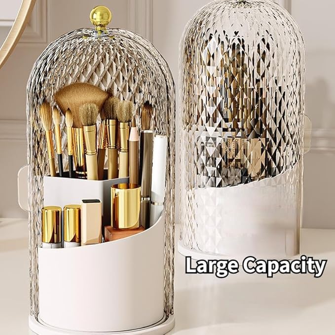 Makeup Brush Holder Organizer with 360° Rotating Lid Dustproof Makeup Brushes Organizer for Vanity Desktop Bathroom Countertop Clear Cover Easy Visibility (White)