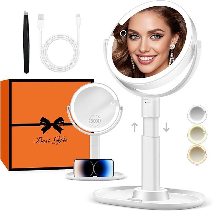 B Beauty Planet Makeup Mirror with Lights, Lighted Magnifying Mirror 30X with 3 Lighting and Adjustable Brightness, 2-Sided Height Adjustable Vanity Mirror for Bathroom, Gifts for Women White