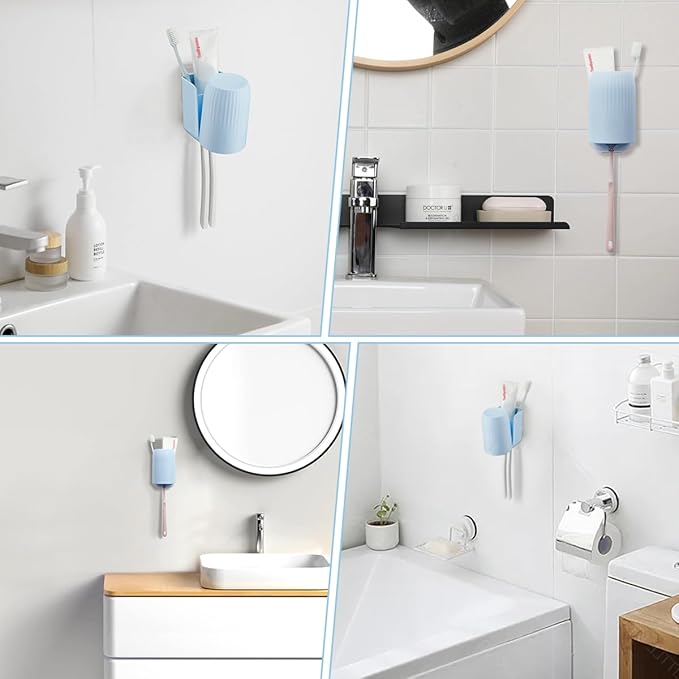Toothbrush Holders for Bathrooms Toothbrush Holders Wall Mounted BPA-Free Tooth Brush Holder with Toothbrush Cup Drilling-Free (Blue)