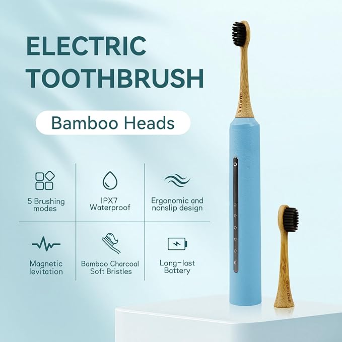 Bamboo Electric Toothbrush for Adults丨Rechargeable Electric Toothbrush with 3 Non Toxic Charcoal Infused Bamboo Brush Heads, 5 Cleaning Modes, 60 Days Battery Life, IPX7 Waterproof-Blue