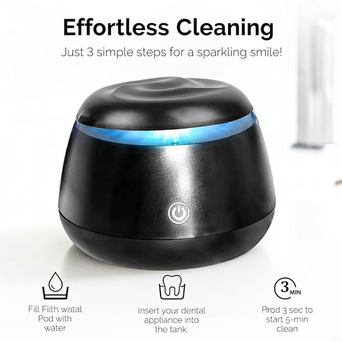 FIONA JAMES 48kHz Ultrasonic Retainer Cleaner with UV | Professional Sonic Dental Cleaning Pod for Aligner, Night Guard, Denture & Jewelry | Black