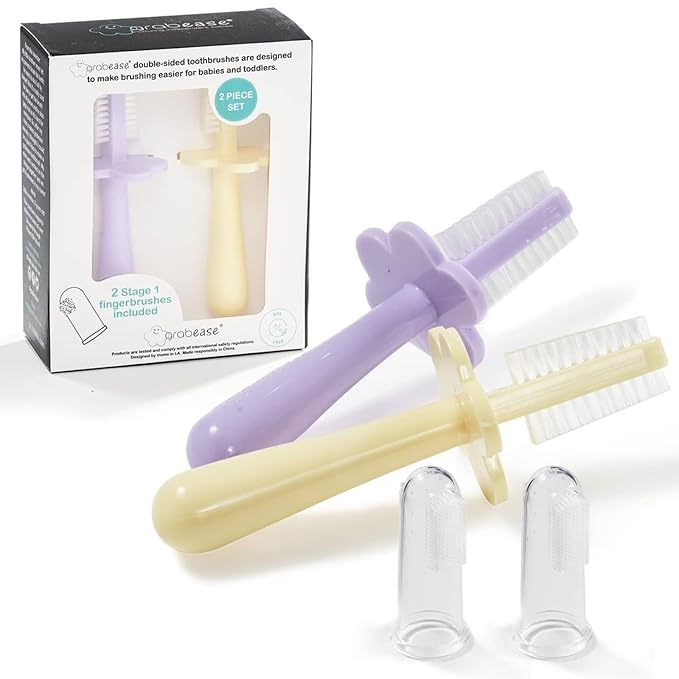 grabease Baby Toothbrush Double-Sided - Training Set with Silicone Finger Brush & Toddler Toothbrush - Safety Tray & Soft Bristles - Pack of 2, Lavender/Yellow