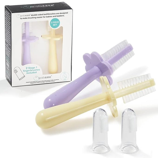 grabease Baby Toothbrush Double-Sided - Training Set with Silicone Finger Brush & Toddler Toothbrush - Safety Tray & Soft Bristles - Pack of 2, Lavender/Yellow