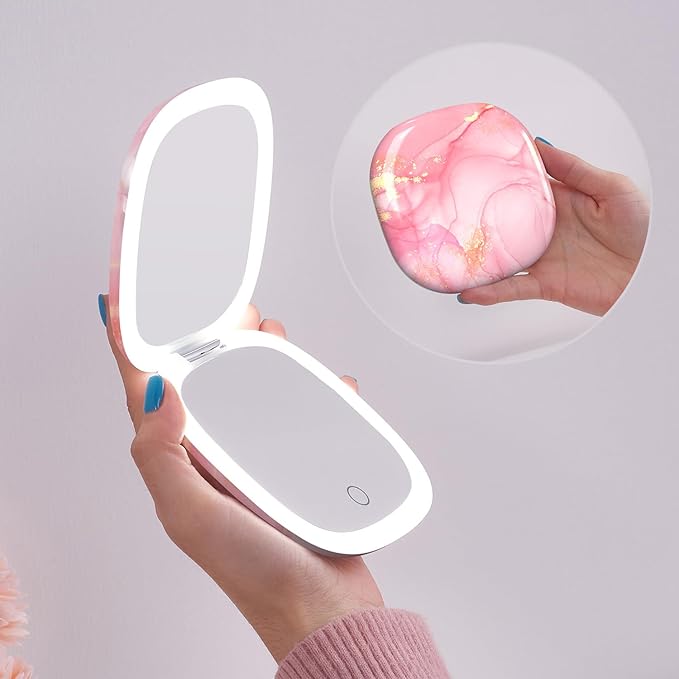 Mocado Compact LED Travel Makeup Mirror - 4 Inches 1X/10X Magnification Travel Mirror with Light Dimmable Double Sides Lighted USB Rechargeable Compact Mirror for Purse,Pocket,Travel(Pink Marble)
