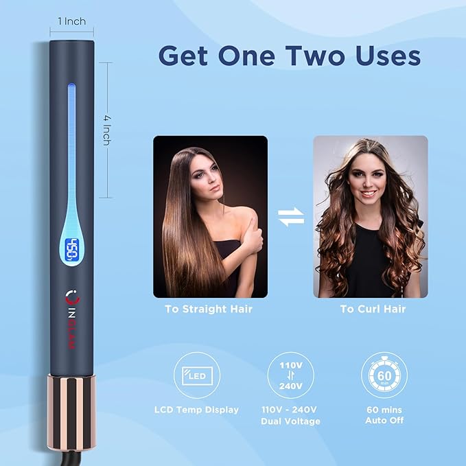 IG INGLAM Titanium Flat Iron Hair Straightener, 1 Inch Curling Iron, Infrared Negative Ionic Hair Straightener 11 Adjust Temp 250°F-450°F, Shiny Hair Dual Voltage 110-240V, Gift, Prussian Blue
