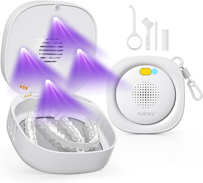 Nulaxy UVC Retainer Case with Fan, Magnetic Closure Aligner Case Includes Vent Holes and Mirror, Portable Retainer Box with Removal Tool and Brush, White