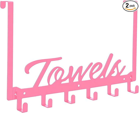 Over The Door Hooks, Towel Rack for Bathroom Door Rack for Hanging Heavy Duty, Door Hanger with 6 Hooks for Bedroom Bathroom Kitchen Bag, Coats, Hats(Pink)