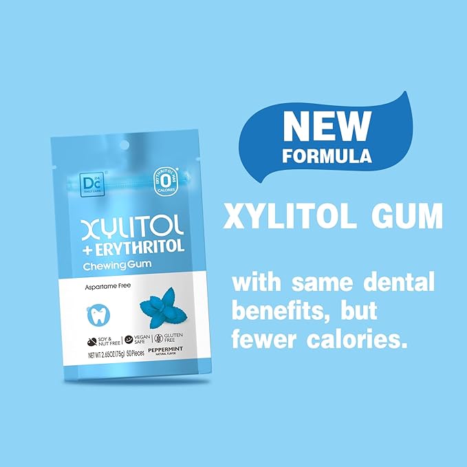 DC24 DAILY CARE Gum, Aspartame Free & Sugar Free Gum, Xylitol Chewing Gum with Erythritol, Low-Calorie, Sugarless, Natural Peppermint, 50 Pieces (Pack of 1)