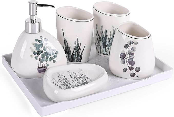 White Bathroom Accessories Set,Modern Countertop Bathroom Decor,Luxury 6 Piece Bathroom Accessory Set,Complete with Soap Dispenser,Toothbrush Holder,Tumbler,Tray