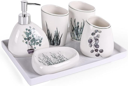 White Bathroom Accessories Set,Modern Countertop Bathroom Decor,Luxury 6 Piece Bathroom Accessory Set,Complete with Soap Dispenser,Toothbrush Holder,Tumbler,Tray