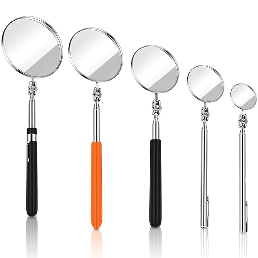 5 Pcs Telescoping Inspection Mirror Set Round Stainless Steel Mirror 360 Rotation Adjustable Inspection Tool with Long Handle for Check The Vehicle, Observe The Eyelashes, Mouth(Classic Style)