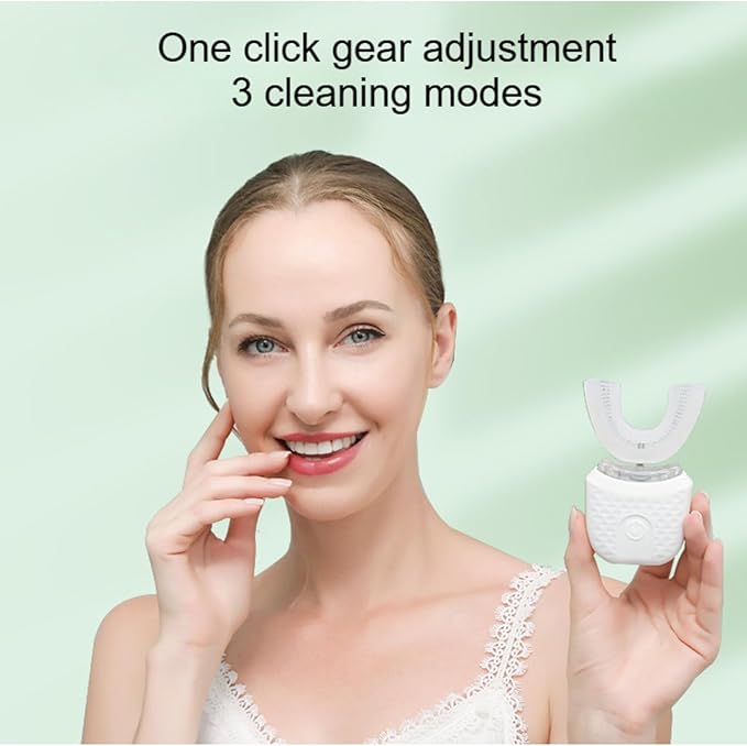 Scandinavian Smiles U-Shaped Electric Toothbrush, 360° Full Coverage Silicone Bristles with 3 Speed Modes for Gentle Cleaning (White)