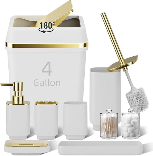 9PCS Bathroom Accessory Set, White Bathroom Set, Bathroom Accessories Set Complete with Trash Can, Toothbrush Holder, Soap Dispenser, Toilet Brush, Bathroom Decor