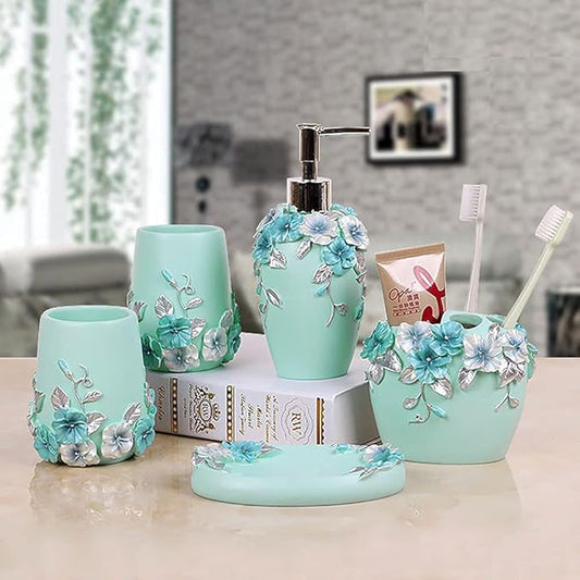 LUANT Vintage Pink Bathroom Accessories, 5Piece Bathroom Accessories Set, Bathroom Set Features, Soap Dispenser, Toothbrush Holder, Tumbler & Soap Dish - Bath Gift Set (Blue)