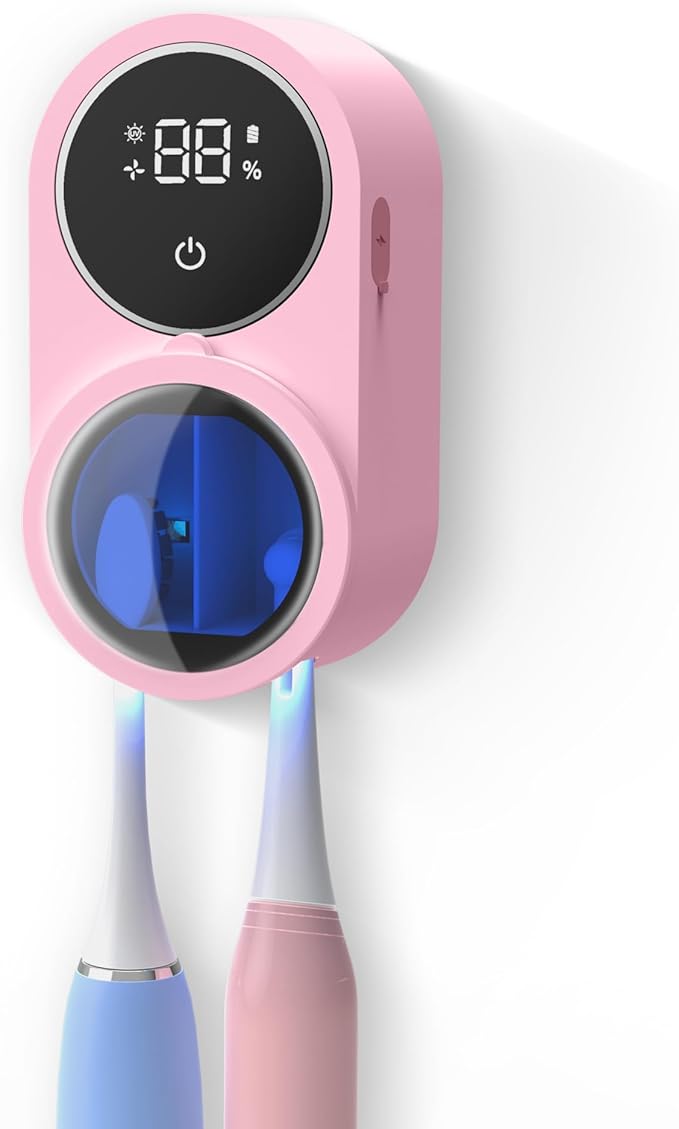 Toothbrush Holder and Cleaner for Bathroom Light Cleaning Fan Drying Round in Circle Automatic Rotating Cover Wall Mounted Smart Home Gadgets (03 Pink)