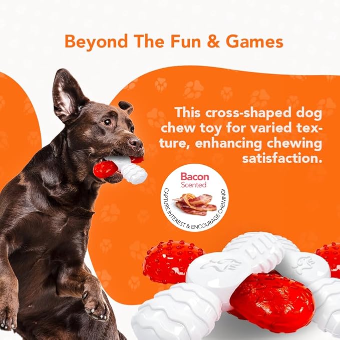Cross Chew Toy for Dogs, Bacon Scented Tough Dog Toys, Long-Lasting and Durable Teething Toys, Chew and Squeeze Odor Stimulating Dog Chew Toys