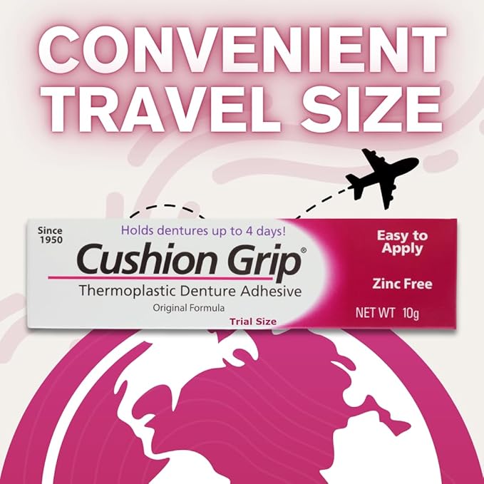 Cushion Grip Thermoplastic Denture Adhesive, 0.35 oz Travel Size (Pack of 5) – Refits and Tightens Loose Dentures for Up to 4 Days | Non-Glue, Zinc-Free, Waterproof Formula, Acts Like a Soft Reliner