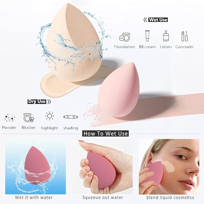 5 Pcs Makeup Sponges Set - 4 Beauty sponges Blending Blenders with 1 Holder and Egg Case, Flawless for Cream, Powder and Liquid (Pink)
