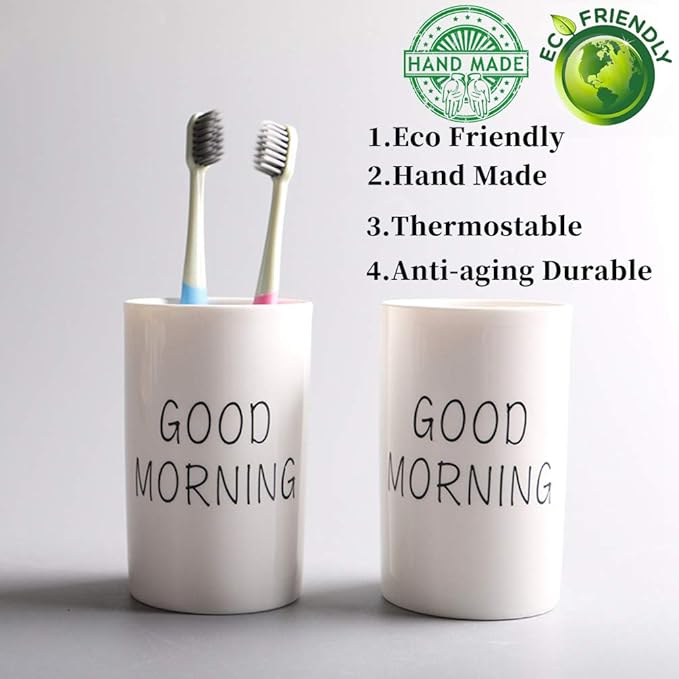 Kelake White Ceramic Tumbler for Bathroom Toothbrush, Water, Milk, Drinks - 280 ml Good Morning Cup for Couples - Christmas Birthday