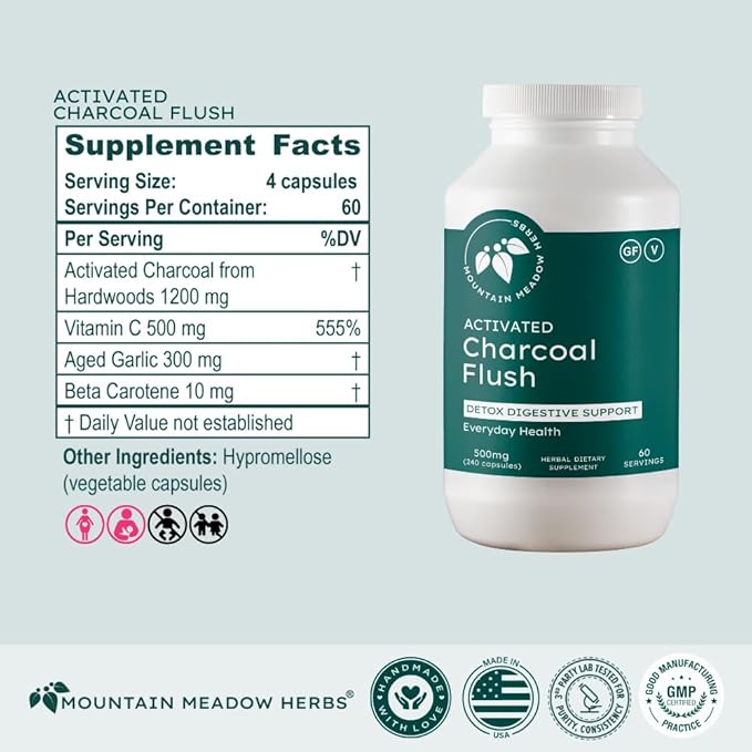 Mountain Meadow Herbs Activated Charcoal Flush – Natural Detox Cleanse Supplement for Digestion, Gas Relief, and Bloating Support – Activated Charcoal Capsules for Internal Cleansing 240ct
