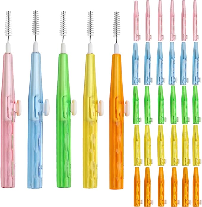 Interdental Brushes Oral Telescopic Type Dental Hygiene Brush Angled Interdental Toothpick Short Handle 30Pcs 5 Different Sizes Tooth Portable Cleaning Tool (Multi-Colored) ﻿