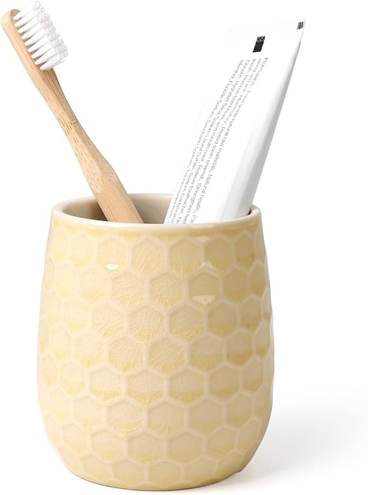 Toothbrush Holder, Tooth Brush Holder for Bathroom - Ceramic Toothbrush Cup Toothbrush Holders Countertop, Ice Cracks Yellow Makeup Brush Holder Pen Holder, 3.62" x 3.62" x 3.93", ANTIS'S HOME