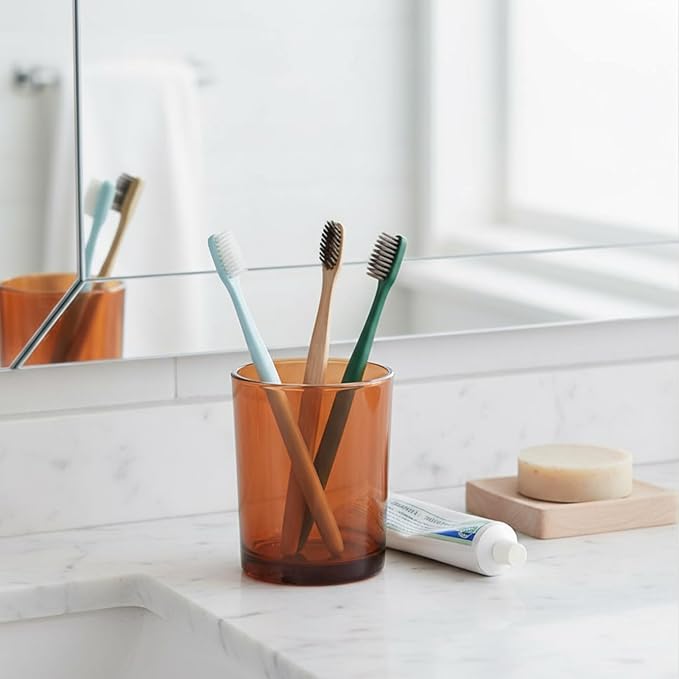 Toothbrush Cup, Glass Amber Glass Toothbrush Holder Bathroom Accessories Holder 9x8 cm, Clear Vanity Tumbler for Countertop Storage