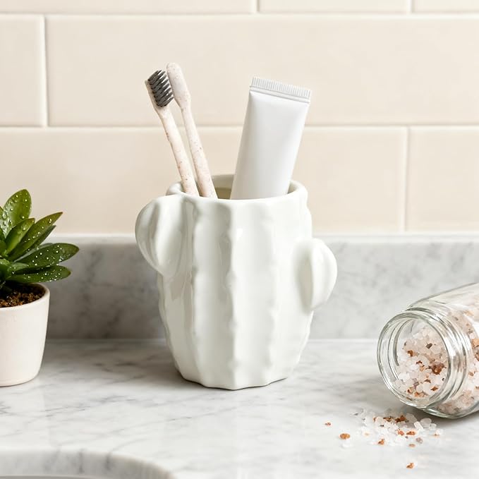 Ceramic Cactus Toothbrush Holder for Bathrooms，Toothpaste Holder Cute Toothbrush Holder Set,for Bathroom Counter and Desk Office Fun Decor Desk Organizer, Makeup Brush Holder -White
