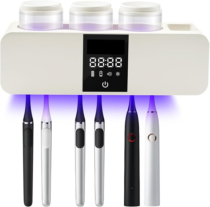 3 in 1 Toothbrush Cleaner Holders for Bathrooms,Wall Mounted Toothbrush Holders with Drying and Cleaning,Smart LED Screen,6 Toothbrush Slots,3 Cups and Toothpaste Dispenser (White)