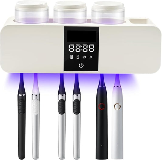 3 in 1 Toothbrush Cleaner Holders for Bathrooms,Wall Mounted Toothbrush Holders with Drying and Cleaning,Smart LED Screen,6 Toothbrush Slots,3 Cups and Toothpaste Dispenser (White)
