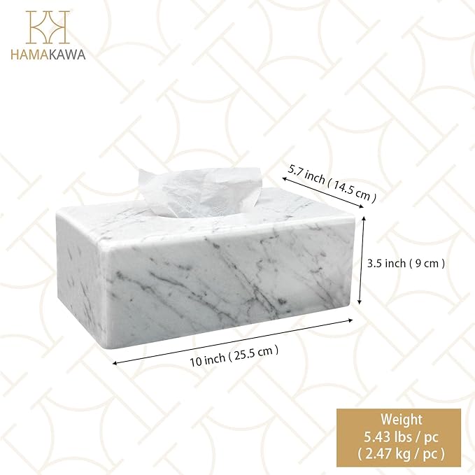 Natural Marble Tissue Box Cover, Carrara White Tissue Organizer 10 x 5.7 x 3.5 inch, Heavy Stone Decorative Box, Rectangle Tissue Box Holder for Home Decor, Kitchen, Bathroom, Bedroom