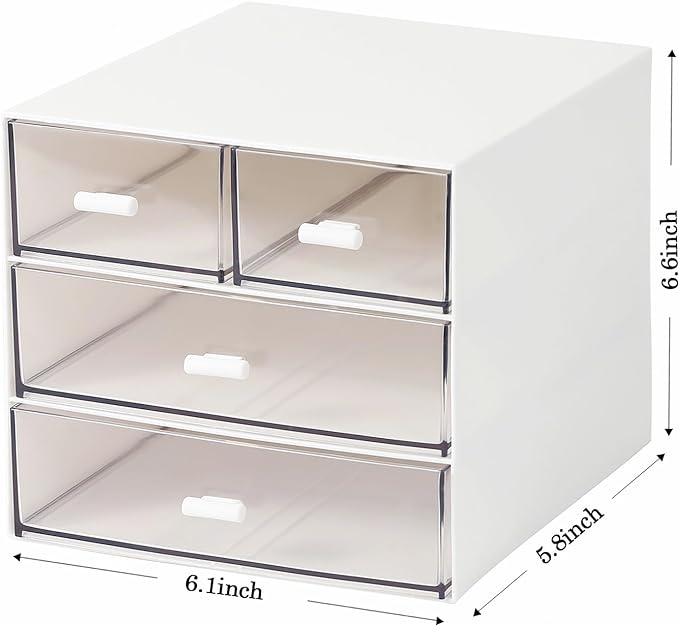 Makeup Organizer with 4 Drawers, Desk Organizer, Cosmetics Storage Box for nail polish, Lipstick, Brushes, Jewelry, Skincare, Bathroom Organization Boxes - White