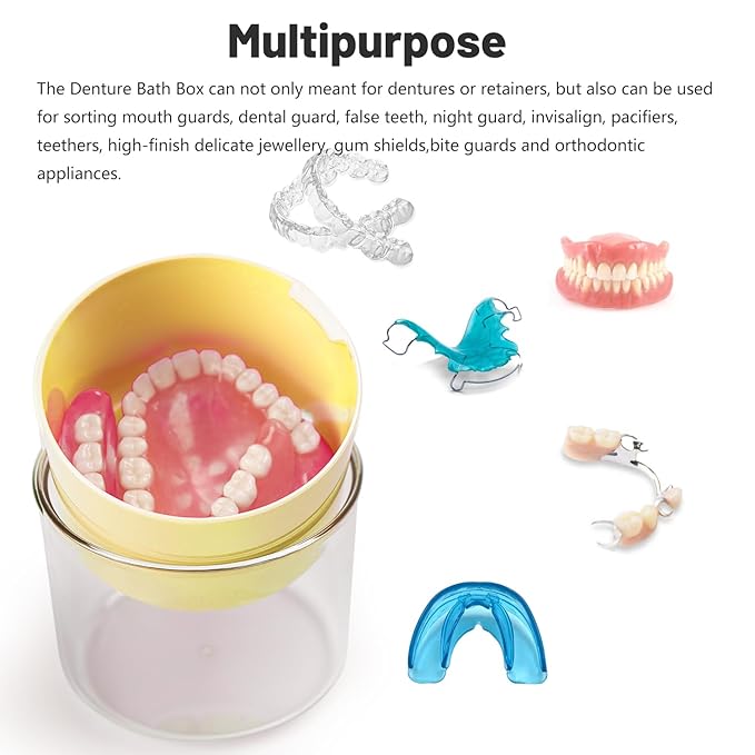 Denture Case, Leak Proof Denture Bath Cup, Full & Partial Denture Clean Holder Box with Strainer, Denture Brush, Denture Soaking Container Cups for Dentures, Retainers, Mouth Guard Storage Case-Yellow