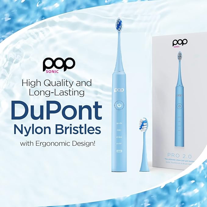 Pop Sonic Pro 2.0 Electric Toothbrush (Blue) Rechargeable Sonic Toothbrush with 45,000 Vibrations Per Minute & 4 Cleaning Modes for Adults & Kids with Long Lasting Dupont Nylon Bristles