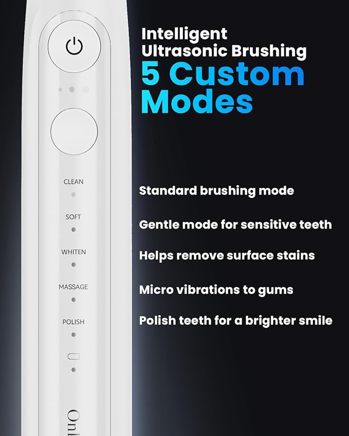 Onlyone Sonic Electric Toothbrush for Adults, Rechargeable Ultrasonic Electric Toothbrush with 8 Brush Heads, Travel Case, Charging Base & Wireless Charging - 5 Modes with Smart Timer