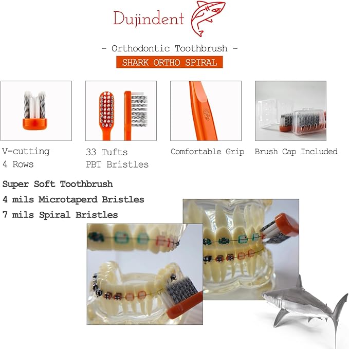 Orthodontic Toothbrush for Braces [4 Packs][Made in Korea] V Trim Cutting USA Bristles Braces Toothbrush for Brackets and Wires Cleaning (Shark Ortho Spiral, 4 Pack)