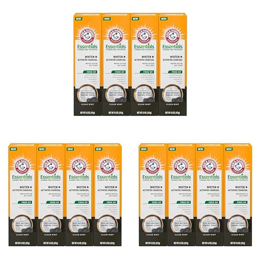 ARM & HAMMER Essentials Fluoride-Free Toothpaste Whiten + Activated Charcoal-12 Pack of 4.3oz Tubes, Clean Mint- 100% Natural Baking Soda