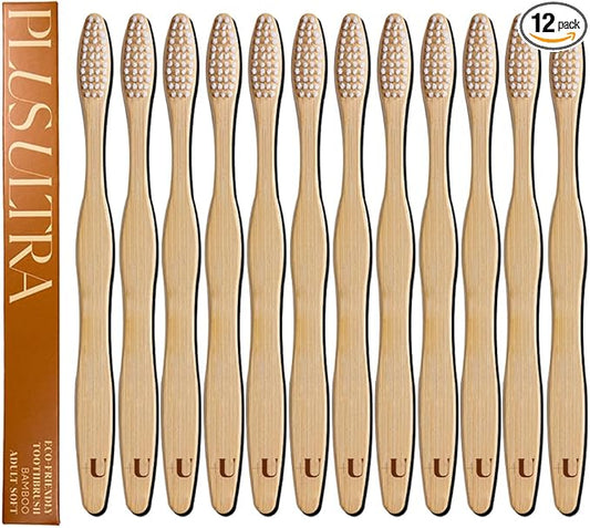 Biodegradable and Eco-Friendly Bamboo Toothbrush 12-Pack - BPA Free Soft Bristle - Dentist-Approved and All-Natural Toothbrush with Logo Etched on Handles by Plus Ultra