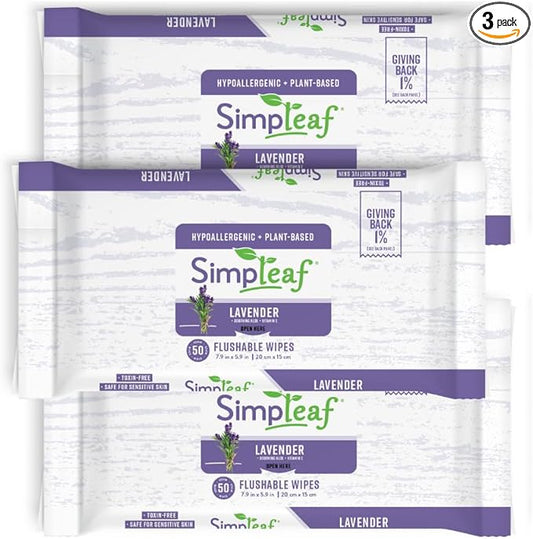 Simpleaf Flushable Wet Wipes Lavender | Plastic Free, Paraben & Alcohol Free | Hypoallergenic & Safe for Sensitive Skin | Soothing Aloe Formula | Adult Toilet Wipes (3 x 50 Counts Pack) 150 Counts