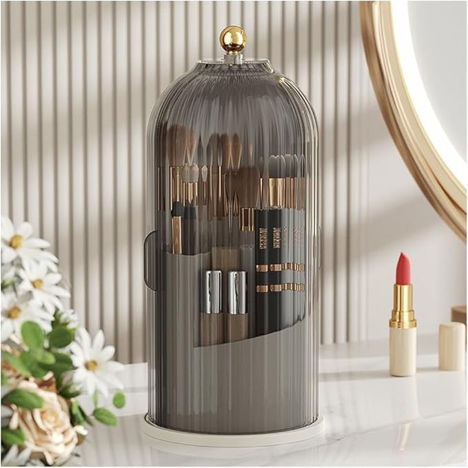 Makeup Brush Holder Organizer with Lid, 360° Rotating Clear Dustproof Cosmetics Storage, Makeup Brushes Cup Pen Holder for Vanity Desktop Bathroom Countertop (Clear Black Cap)