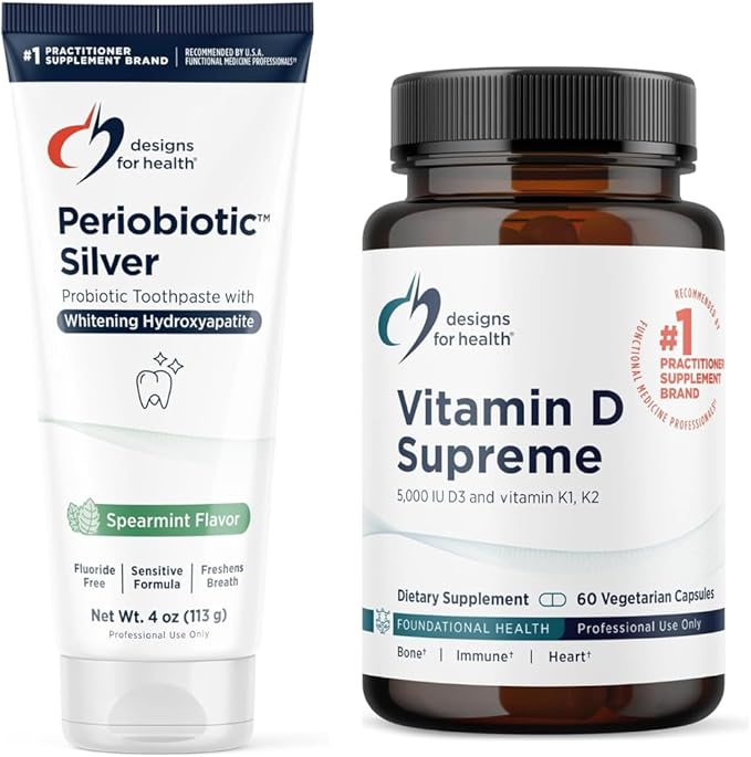 Designs for Health Hydroxyapatite Periobiotic Silver Toothpaste + Vitamin D Supreme Bundle - Fluoride Free with Oral Probiotics for Gum Health + D3 5000 IU w/Vitamin K for Bone, Heart, Immune Support