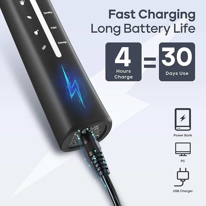 SEAGO Electric Toothbrush, Rechargeable Toothbrush for Adults Sensitive Teeth, 8 Brush Heads, 5 Modes with Teeth Whitening, Endurance 30 Days, Kids Electric Toothbrushes 6-12, SG-958(Black)